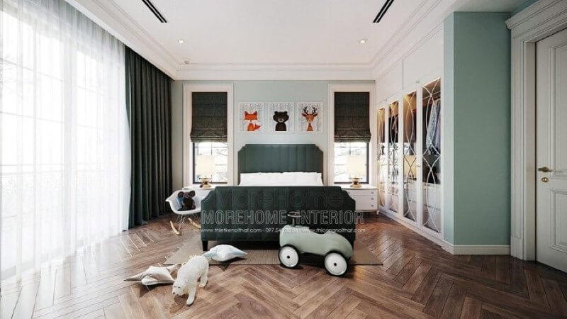 Giường ngủ bọc nệm màu xanh đẹp độc đáo cho phòng bé trai. Thiết kế phòng ngủ nhà phố