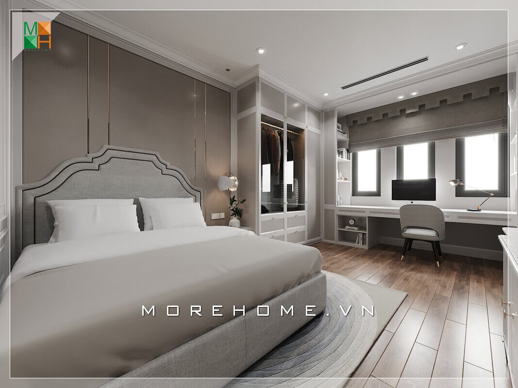 Thiết kế một cái kệ gỗ công nghiệp hiện đại vừa dài lại có tính năng giống bàn được đặt ở ngay gần cửa sổ của căn phòng giúp căn phòng trở nên tiện nghi và cuốn hút. Thiết kế phòng ngủ nhà phố