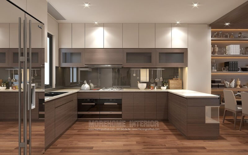 Sự đối lập giữa 2 gam màu nâu - trắng mang lại cái nhìn mới lạ, ấn tượng, tủ bếp gỗ An Cường gợi mở ra một nhà bếp tinh tế và ấm cúng Tủ bếp gỗ công nghiệp và tủ bếp acrylic
