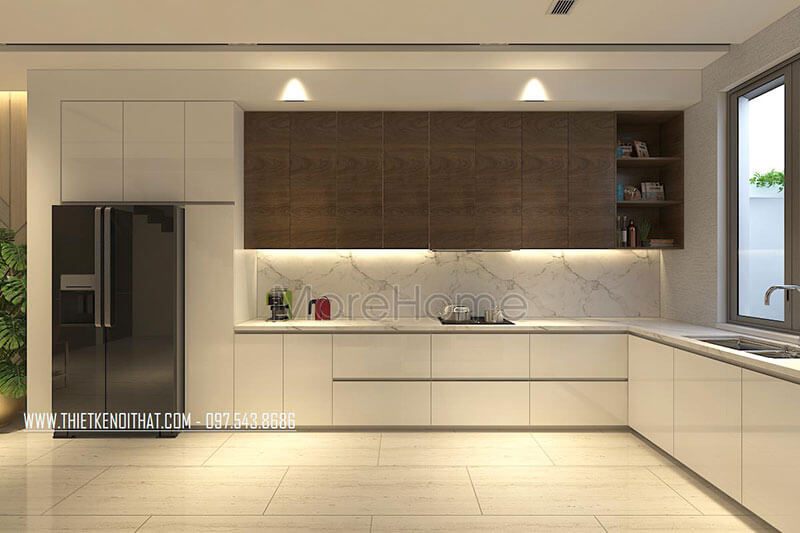 Thiết kế phòng bếp hiện đại với tông màu nội thất trắng - nâu tạo nên sự tinh tế cho căn bếp